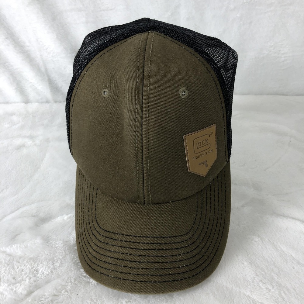 Glock Hat Cap Snap Back Olive Green Trucker Mesh Leather Patch Mens Tactical